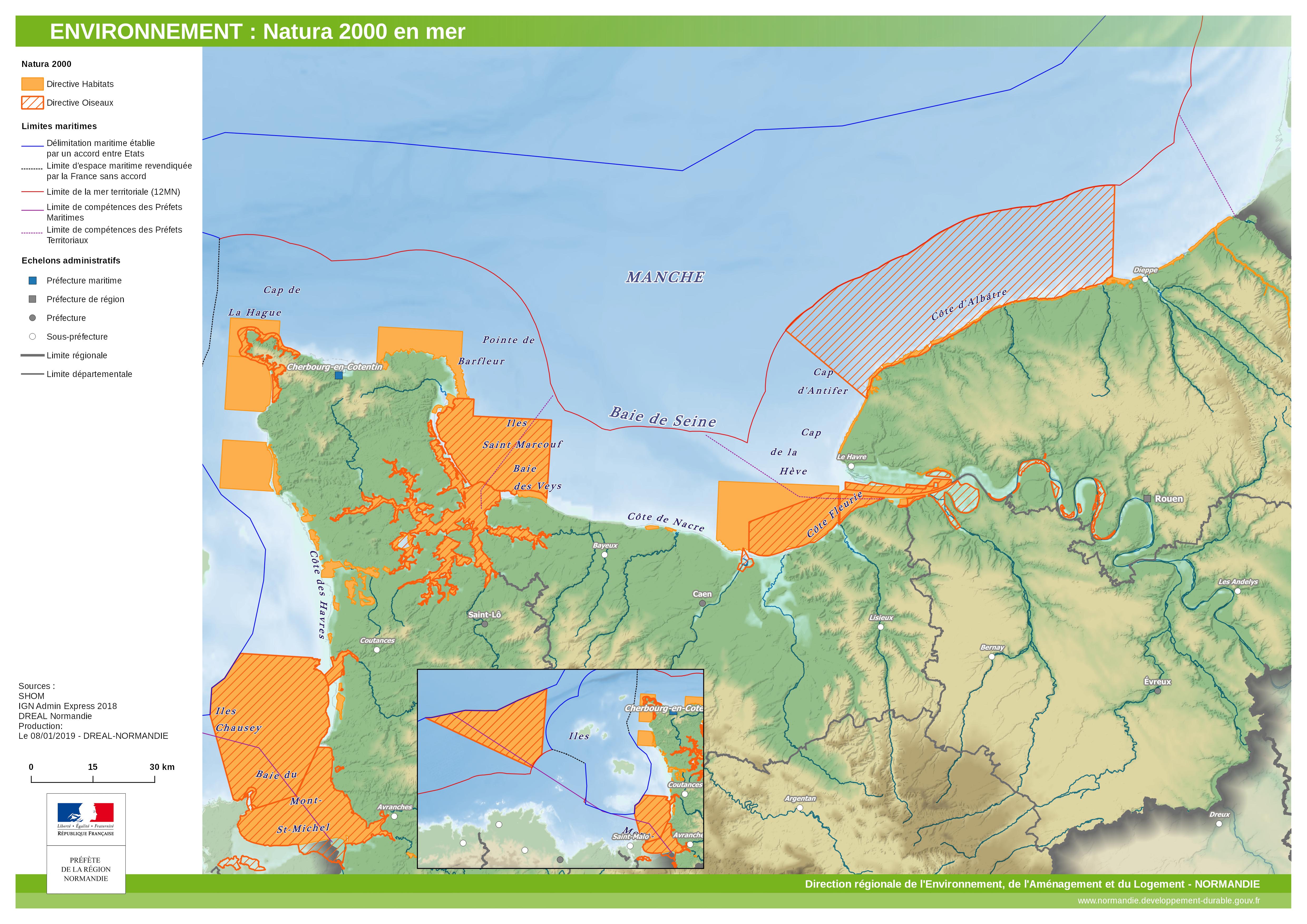 carte régionale des sites Natura 2000 en mer