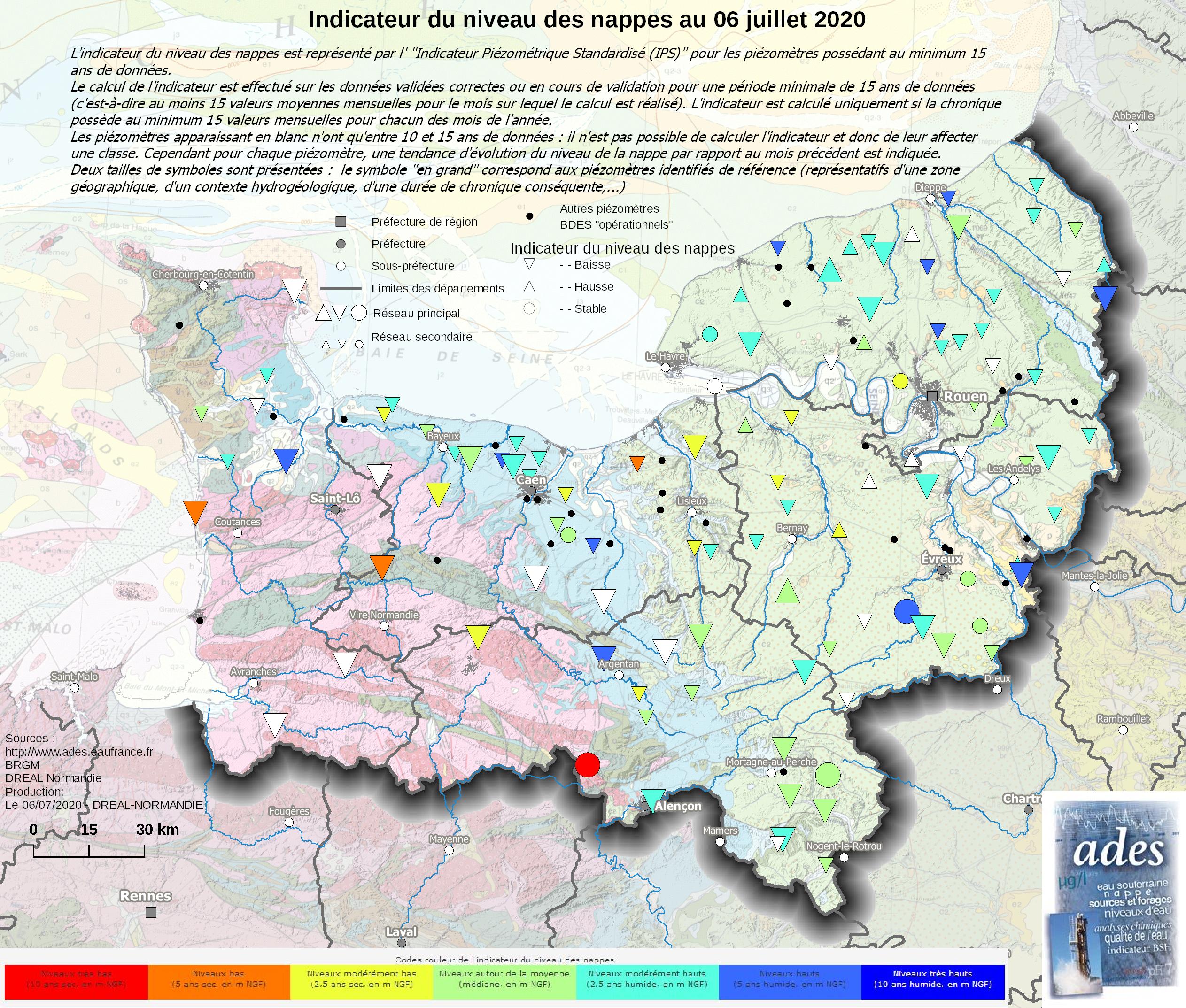 Carte de suivi des nappes au 6 juillet 2020