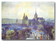 Ce tableau centré sur la cathédrale, laisse apparaître les coteaux de la vallée de l’Iton. La ville, ramassée est ancrée dans son site.