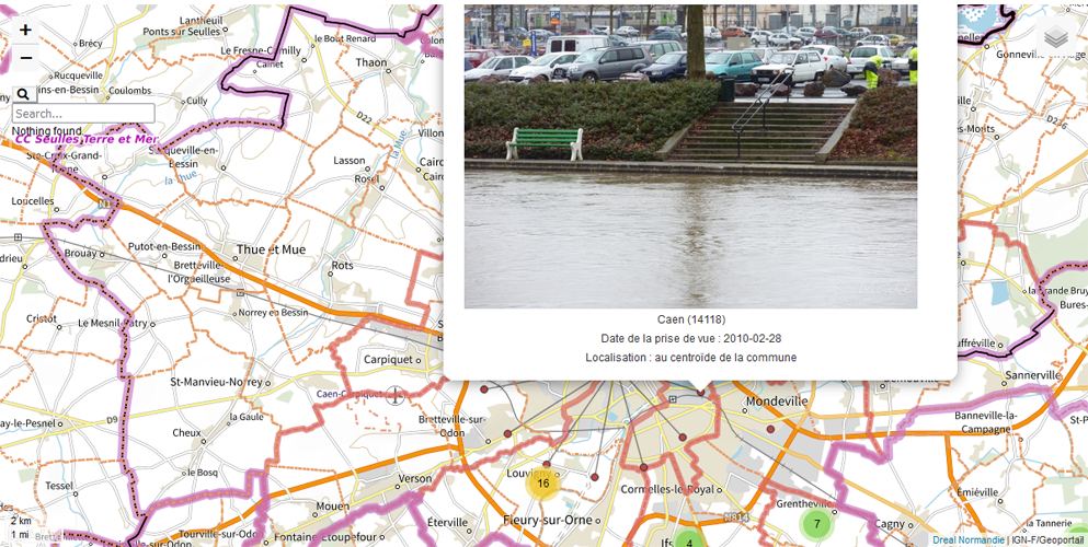 En cliquant sur les points de la carte (chiffre) et ensuite sur les points rouge, vous accédez aux photos dont disposent les services de l’État illustrant ces événements marquants.