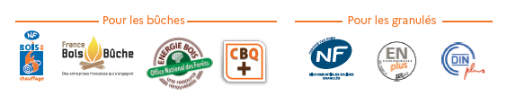 Pour les bûches : NF Bois de chauffage, France Boís Boûche, Énergie Bois, CBQ+. Pour les granulés : NF Granulés biocombustibles, ENplus, DINplus
