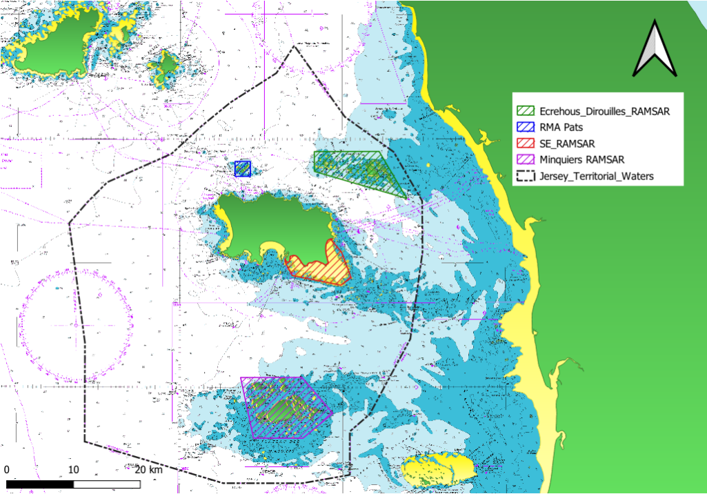 Carte des quatre sites Ramsar de Jersey