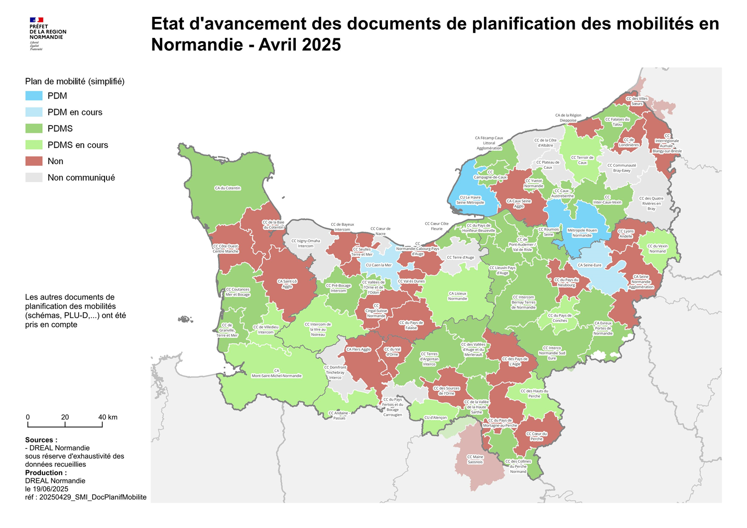 Carte : Etat d'avancement des documents de planification des mobilités en Normandie - Avril 2025