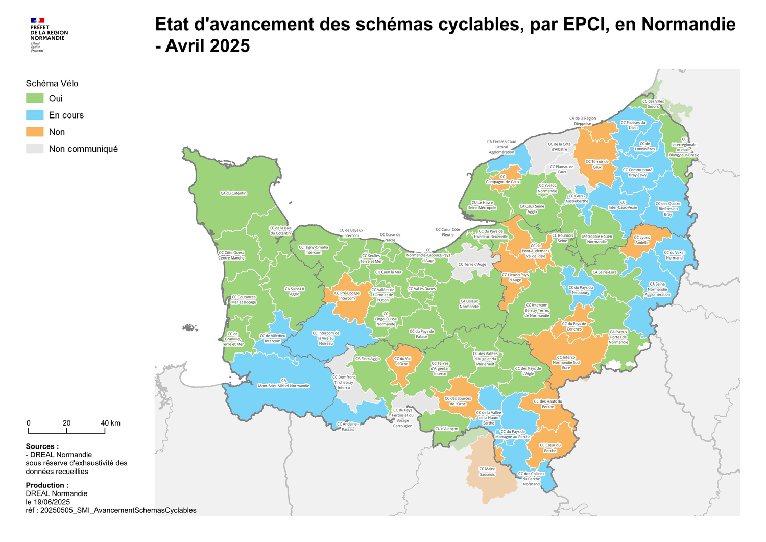 Carte : Etat d’avancement des schémas cyclables, par EPCI, en Normandie - Avril 2025