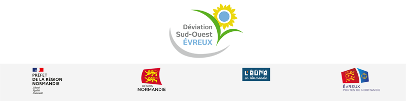 Logo - Déviation Sud-Ouest Évreux. Partenaires - Préfet de la région Normandie, Région Normandie, Département de l'Eure, Évreux porte de Normandie