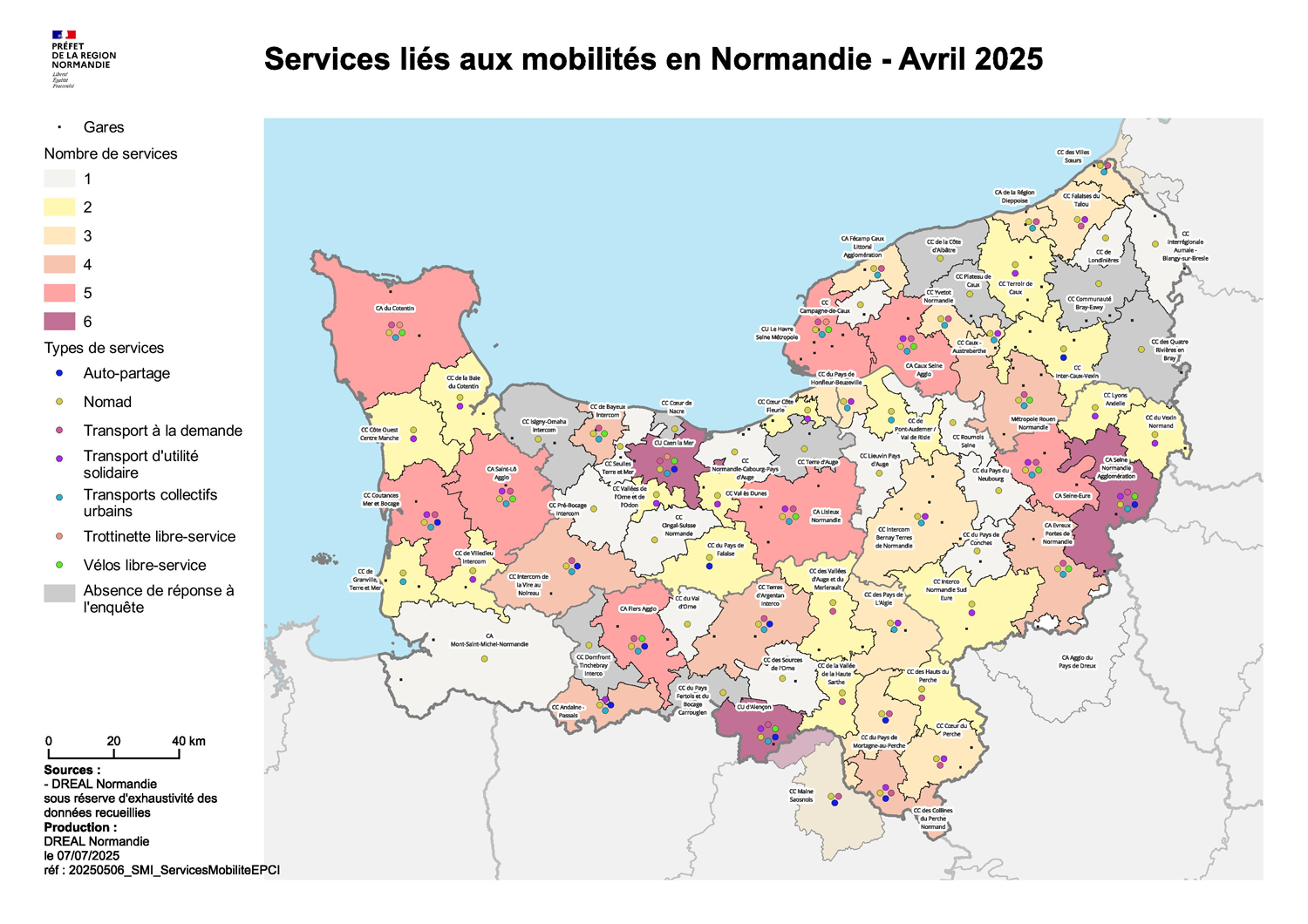 Carte : Services liés aux mobilités en Normandie - Avril 2025